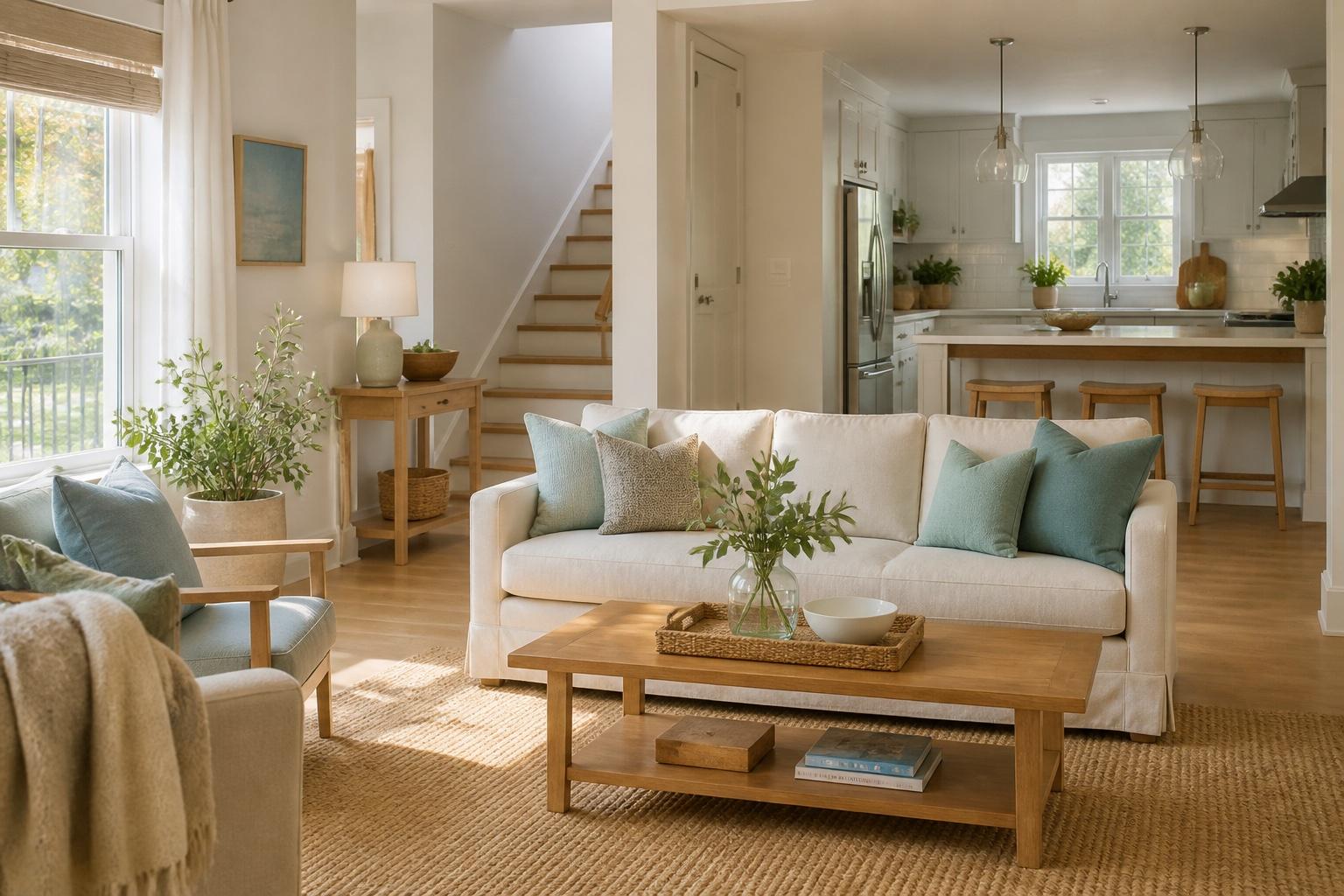A bright, freshly cleaned living room opening into a kitchen